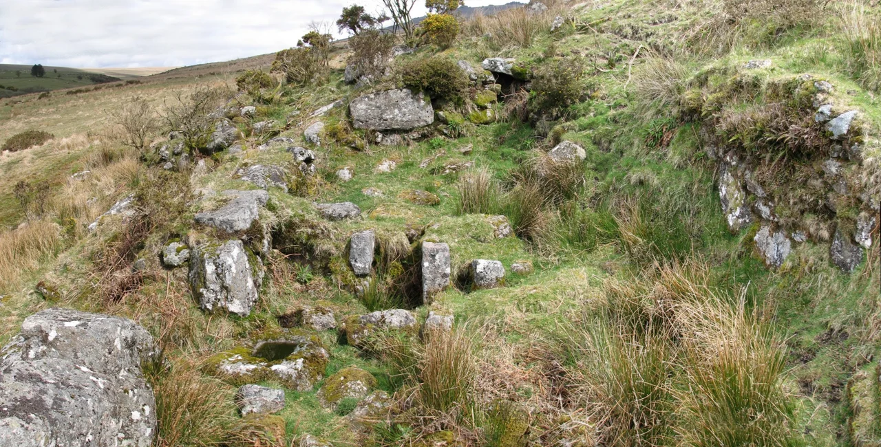 A general view, looking north, of the interior of the lower blowing house on the River Walkham, Dartmoor, England.