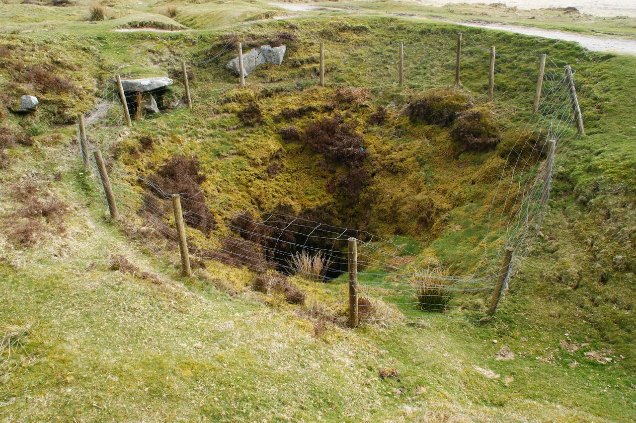 View of the New Engine shaft at Eylesbarrow mine on Dartmoor in South Devon, UK.