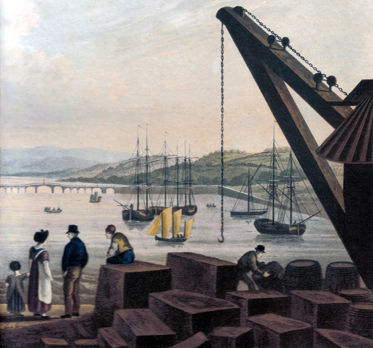 Teignmouth New Quay in 1827 showing blocks of cut Haytor granite awaiting transport. Shaldon bridge and the river Teign are in the background.