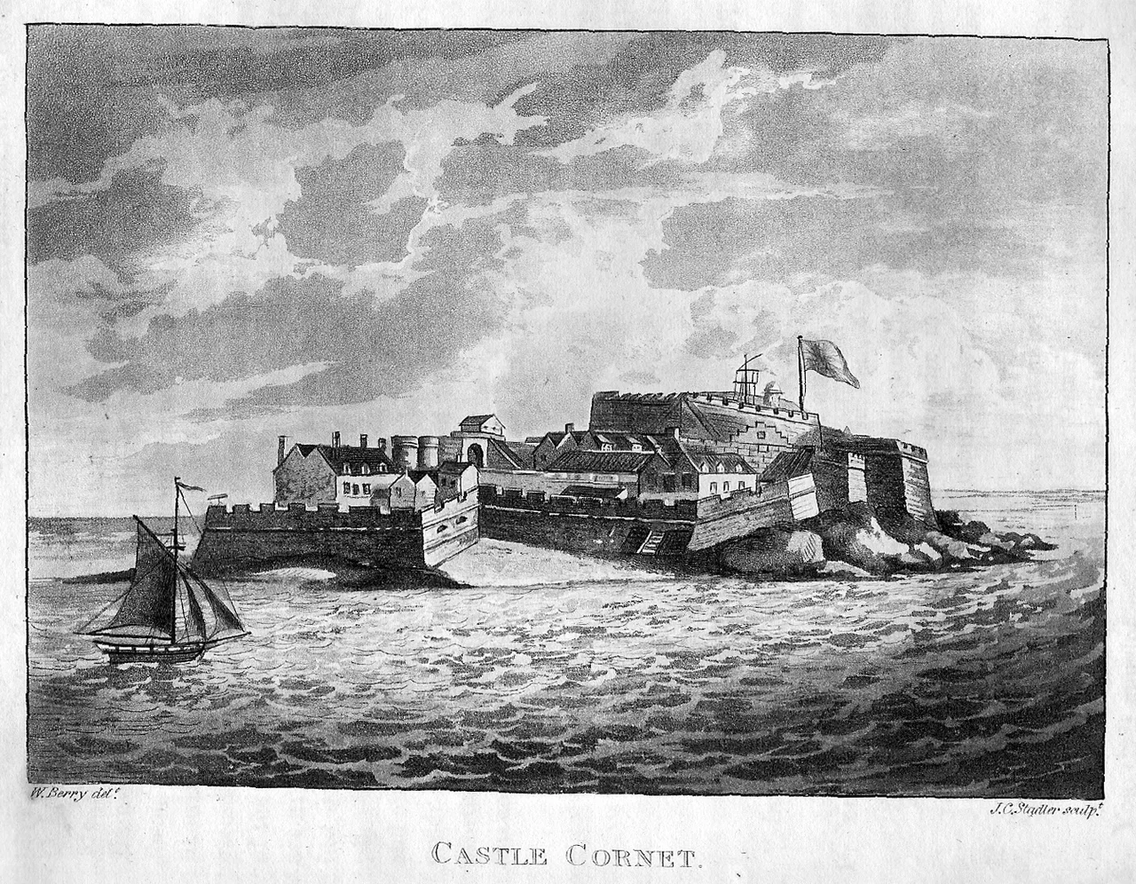 Castle Cornet, Guernsey
Print by William Berry
Source: "History of the Island of Guernsey" William Berry (1814)
Scanned by sgfoote 3 February 2006