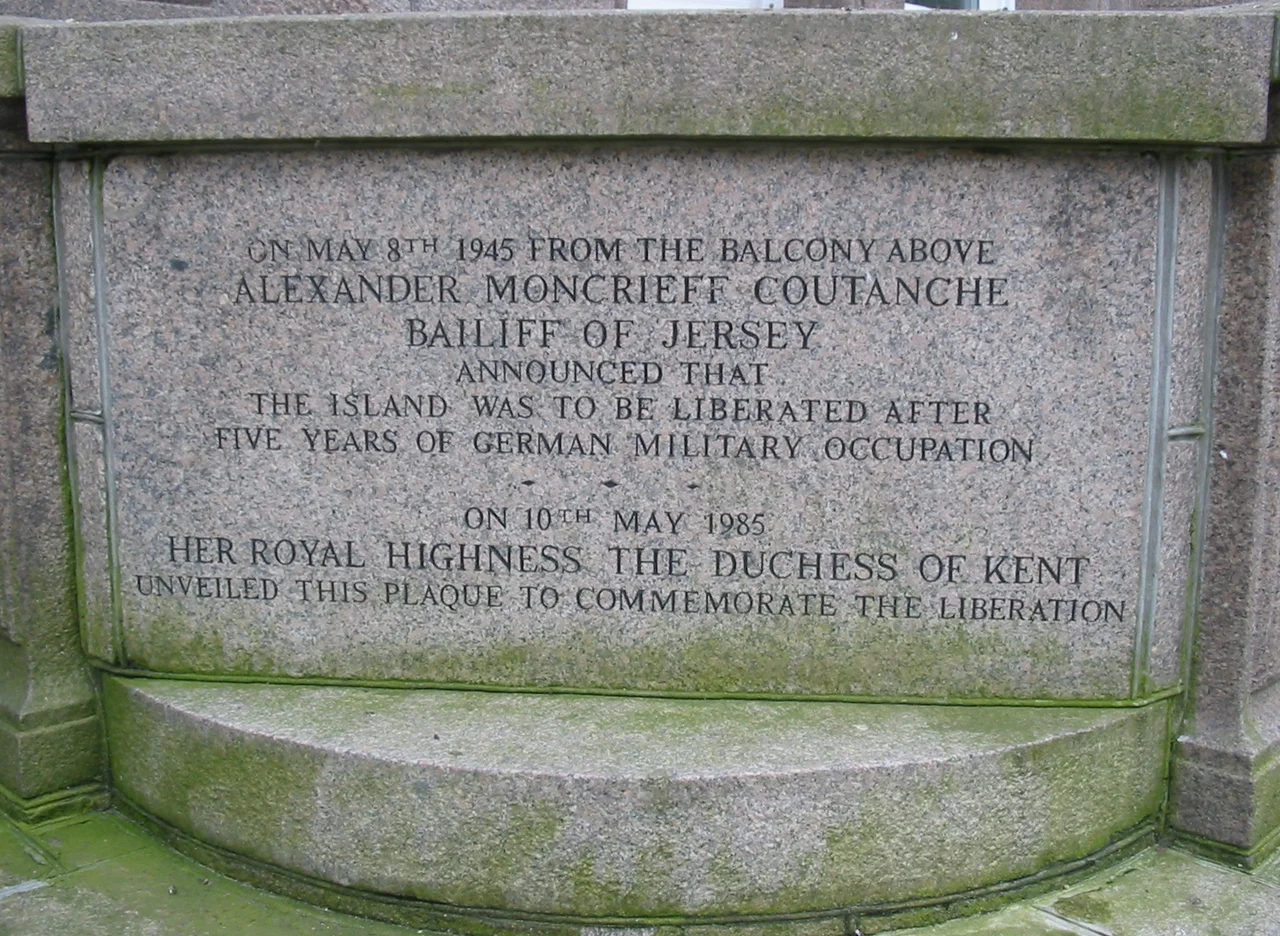 Plaque on States Building, St. Helier, Jersey
On May 8th 1945 from the balcony above
Alexander Moncrieff Coutanche
Bailiff of Jersey
announced that
the Island was to be liberated after
five years of German military occupation
On 10th May 1985
Her Royal Highness the Duchess of Kent
unveiled this plaque to commemorate the Liberation