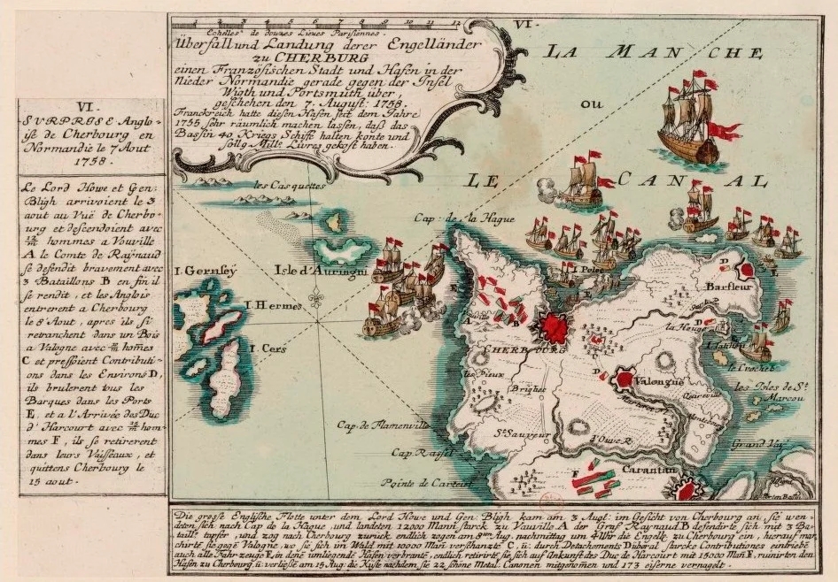 Plan of the English attack on Cherbourg in 1758. Commentary in French and German.