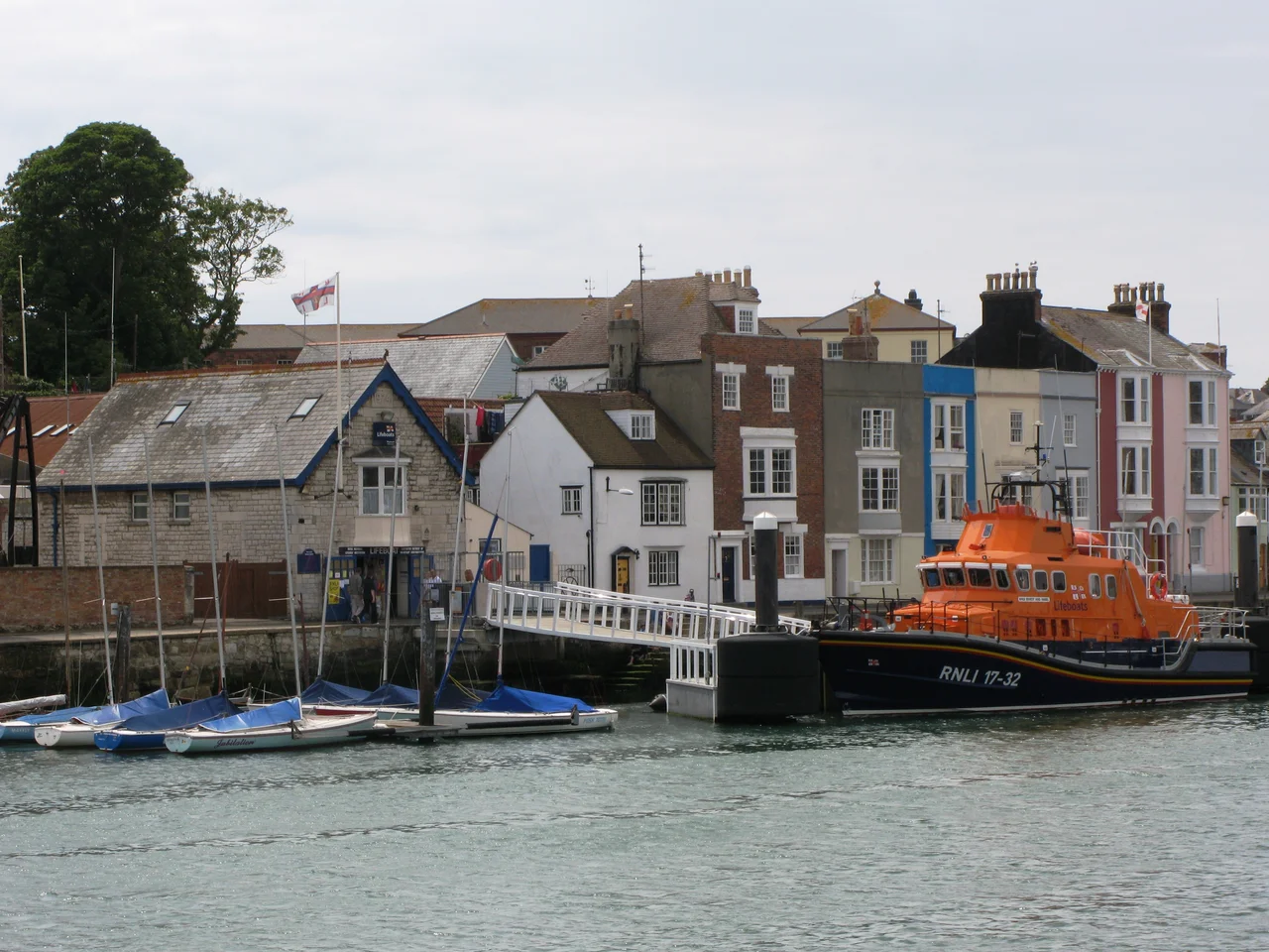 Severn Class 17-32 RNLB Ernest and Mabel at its pontoon outside the lifeboat station in Weymouth, Dorset, England.