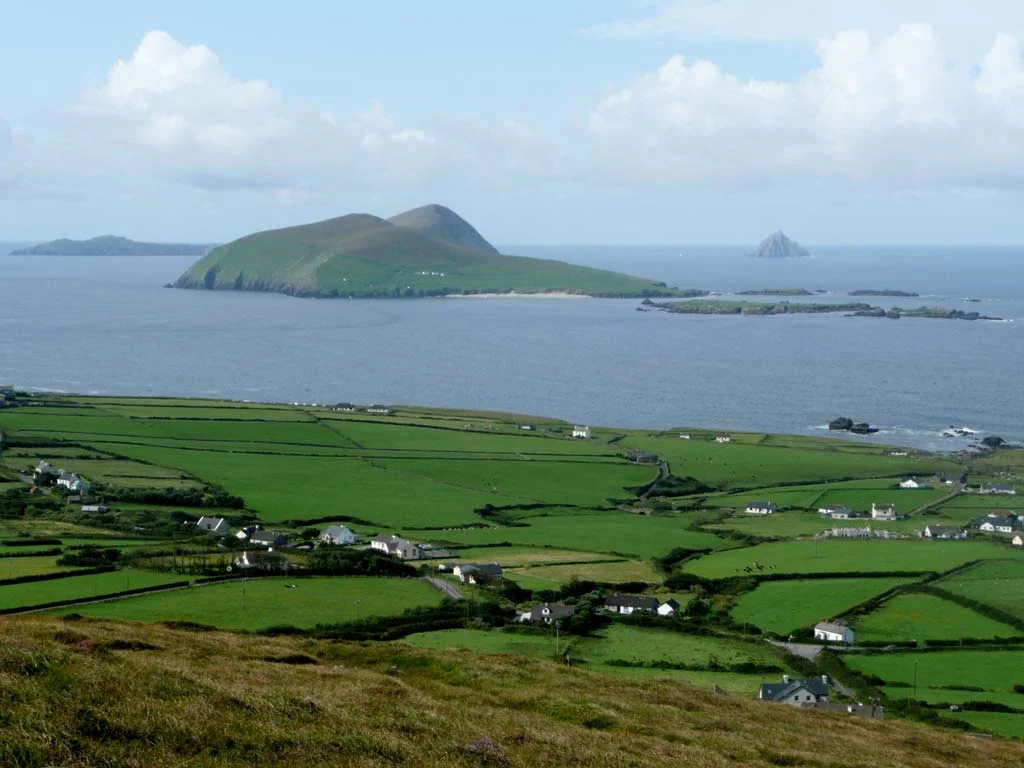 View over Dunquin towards Blasket Islands from slopes of Mount Eagle