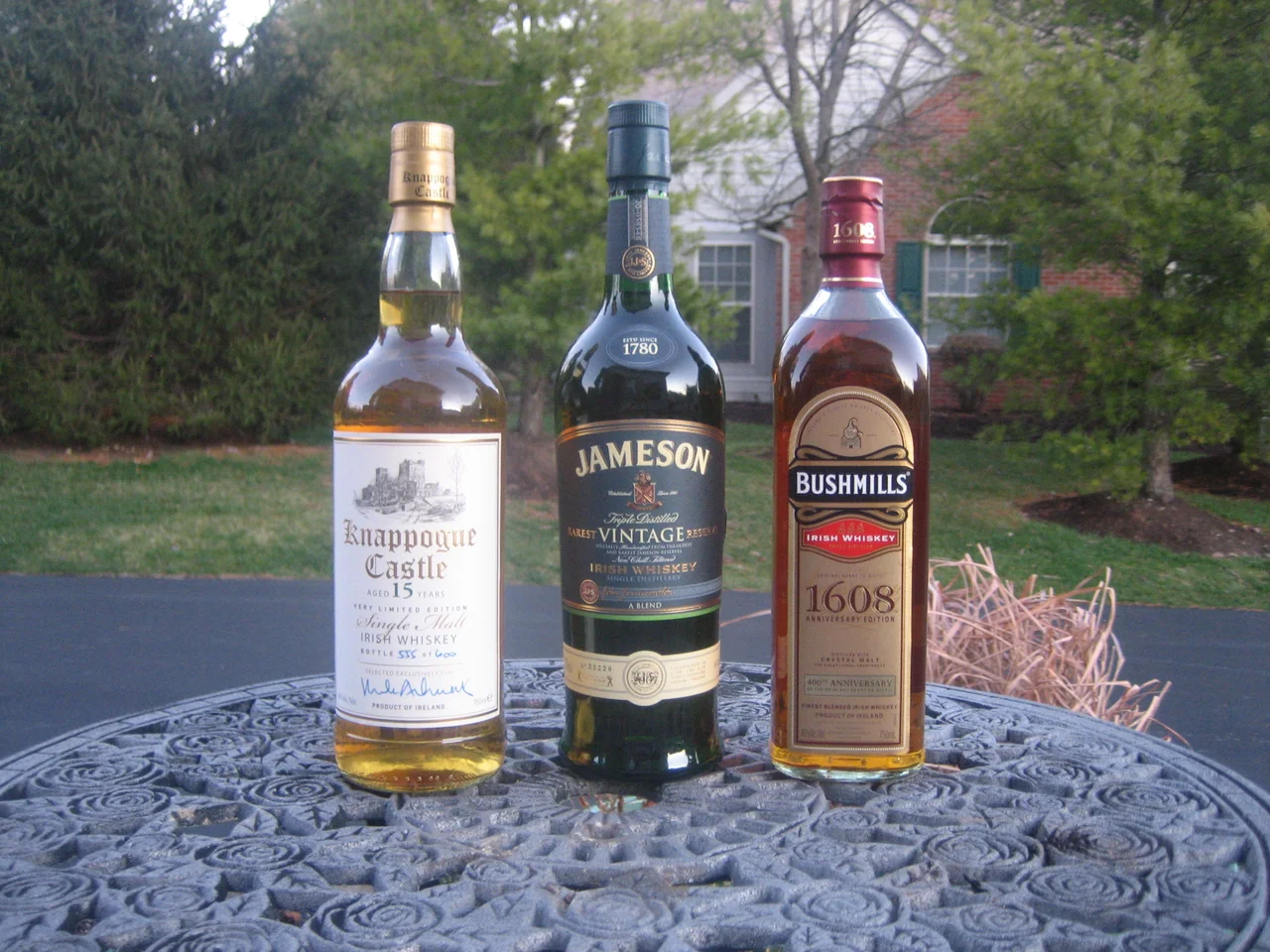 Three good Irish whiskeys: Knappogue Castle, Jameson & Bushmills.