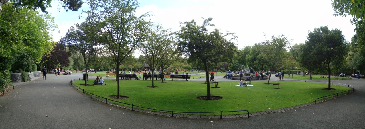 An aerial view of St Stephen's Green in the centre of Dublin, during Indian summer.
