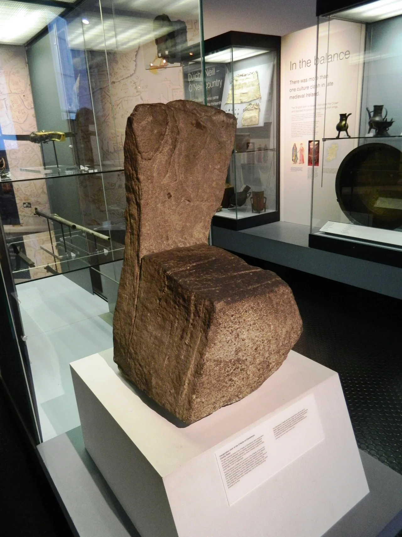 Inauguration chair of the O'Neills of Clandeboye, County Down.  In the Ulster Museum.
The late medieval chiefs of the O'Neills of Clandeboye were inaugurated on this sandstone chair at Castlereagh.