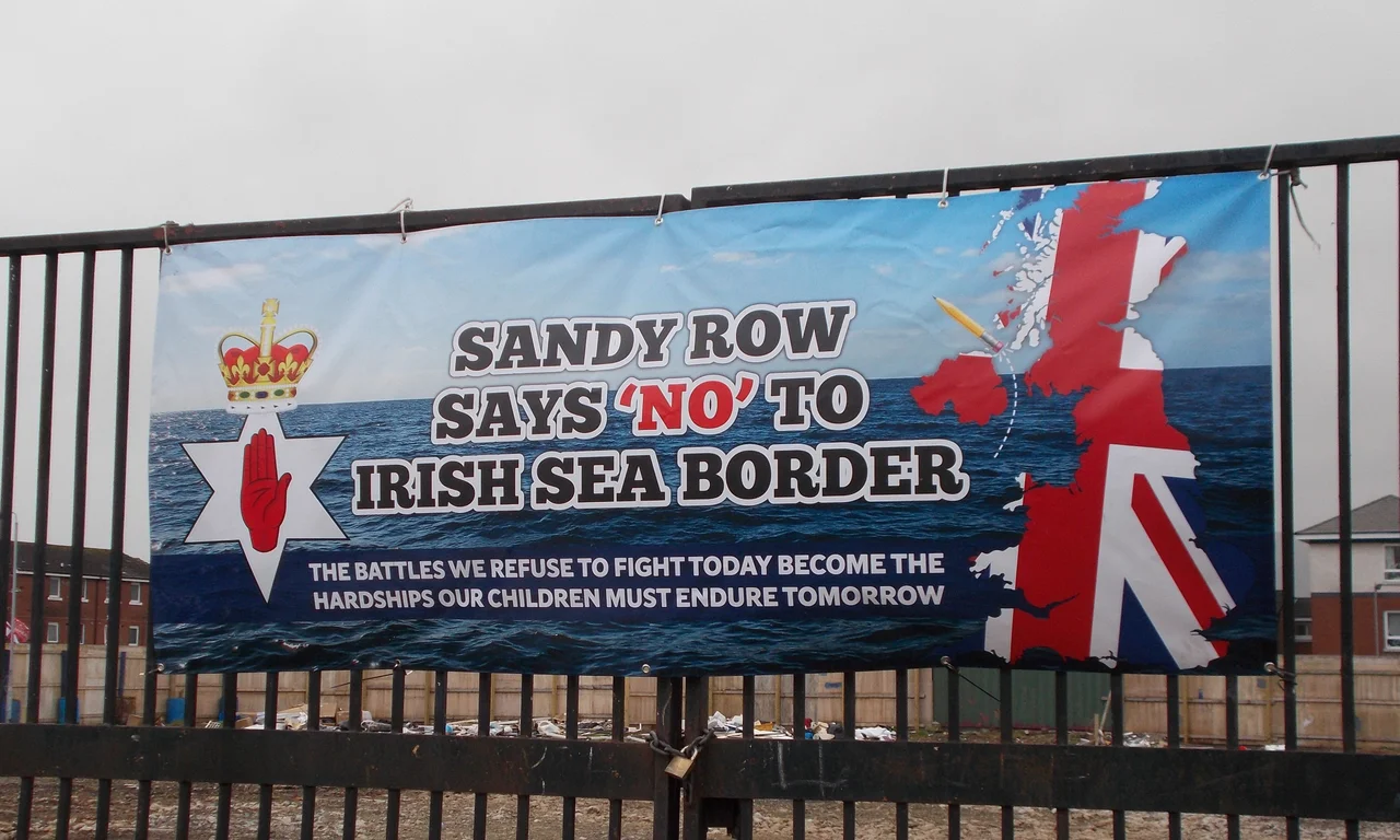 Anti Irish Sea border banner. Sandy Row March 2021