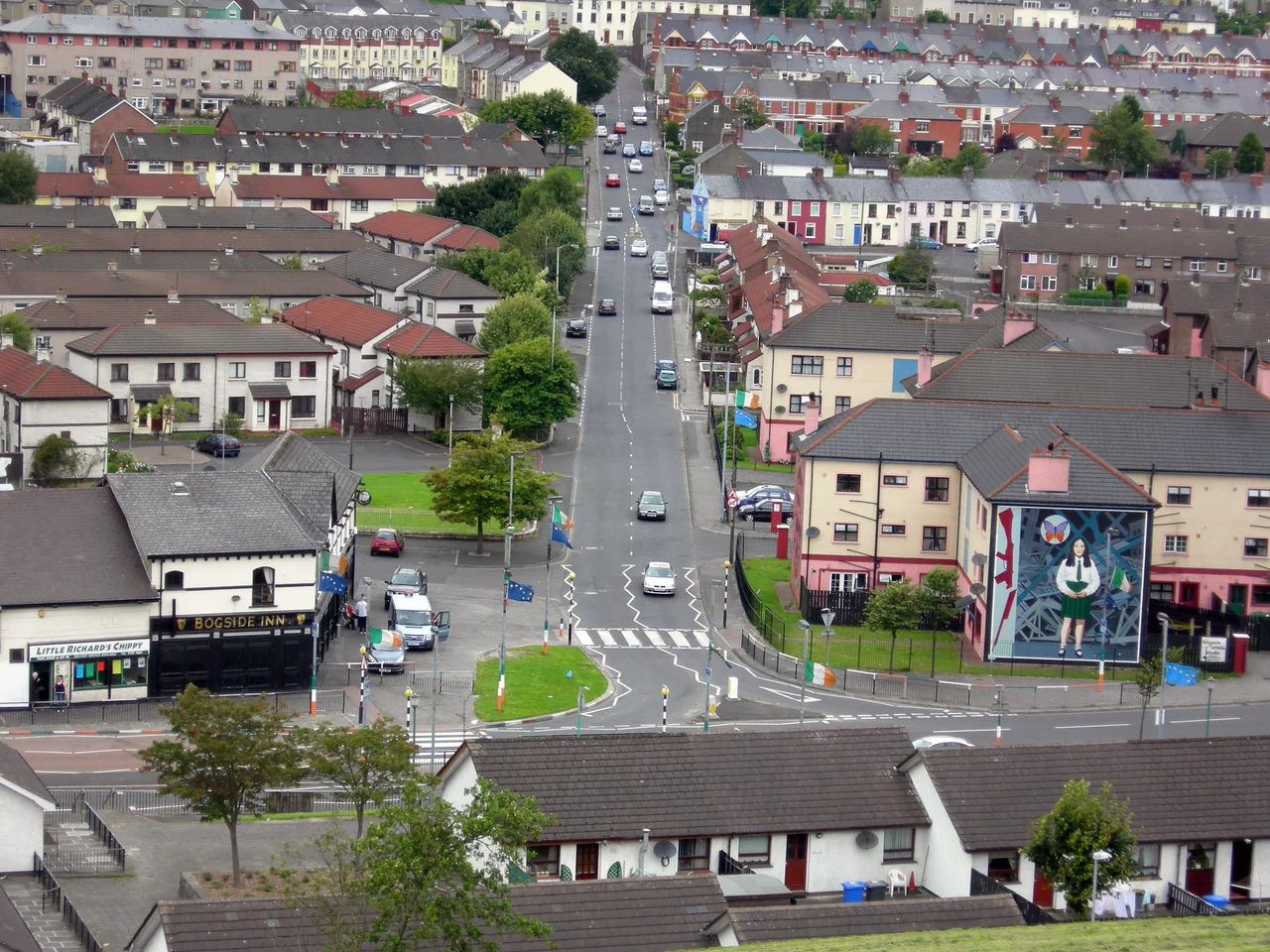 Free Derry Corner in the Bogside, part of the autonomous nationalist area of Free Derry in Northern Ireland between 1969 and 1972.