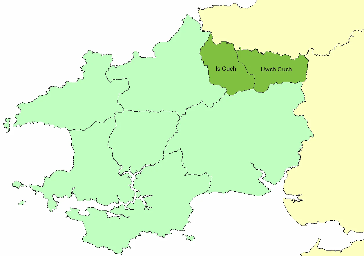 Map of the cantref of Emlyn, showing its location in ancient Dyfed, and its two commotes.