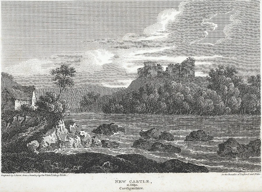 Castle, river, house.