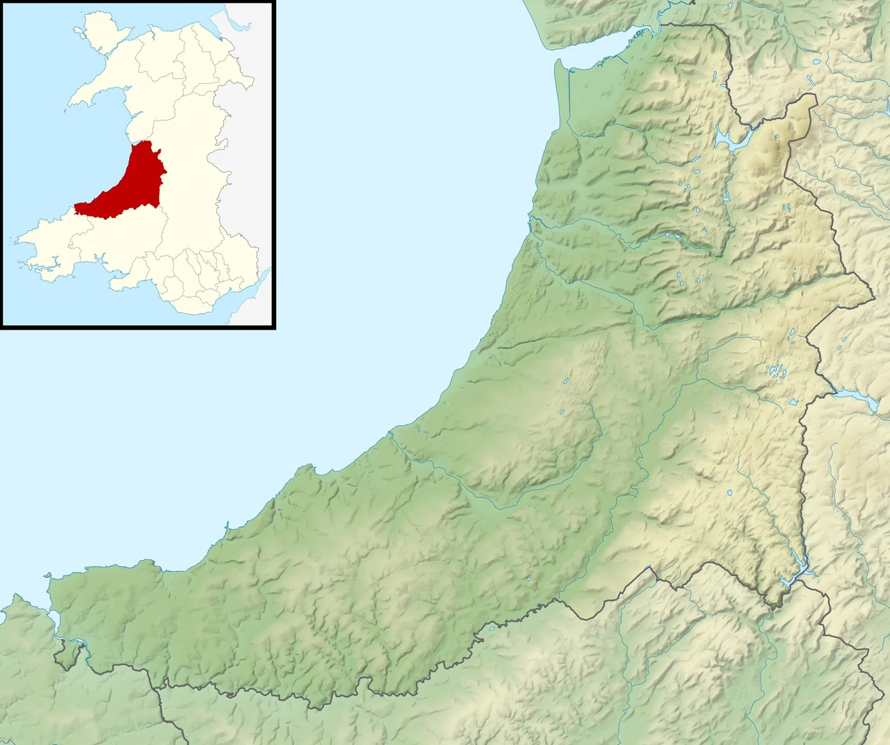 Relief map of Ceredigion, UK.
Equirectangular map projection on WGS 84 datum, with N/S stretched 160%
Geographic limits:
West: 4.75W
East: 3.64W
North: 52.58N
South: 52.00N