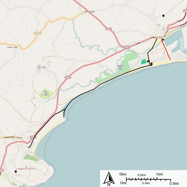 Pwllheli and Llanbedrog and Pwllheli Corporation Tramways
Legend:
━━━ Pwllheli Corporation Tramways
━━━ Pwllheli and Llanbedrog Tramways