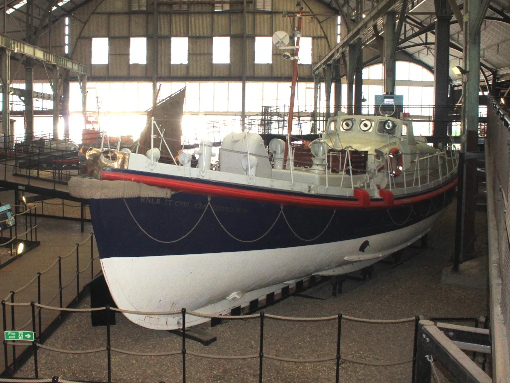 Former Barnett class lifeboat St Cybi (C. S. No. 9) on display at Chatham. It was the Holyhead Lifeboat from 1950 until 1980.