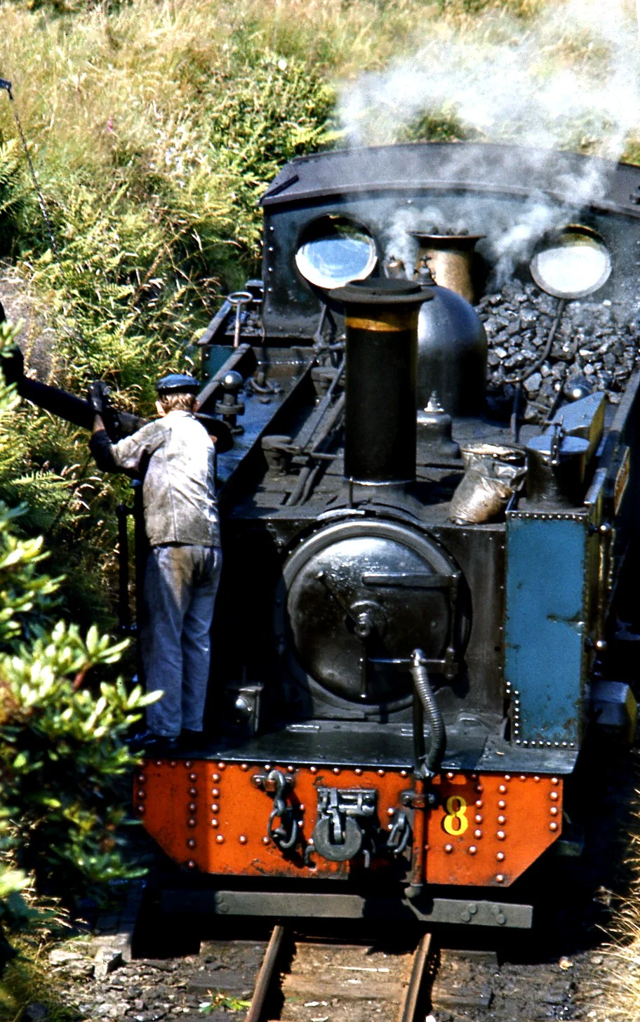 Vale of Rheidol railway locomotive taking on water at Pont yr Fynach, Ceridigion, over the River Rheidol.