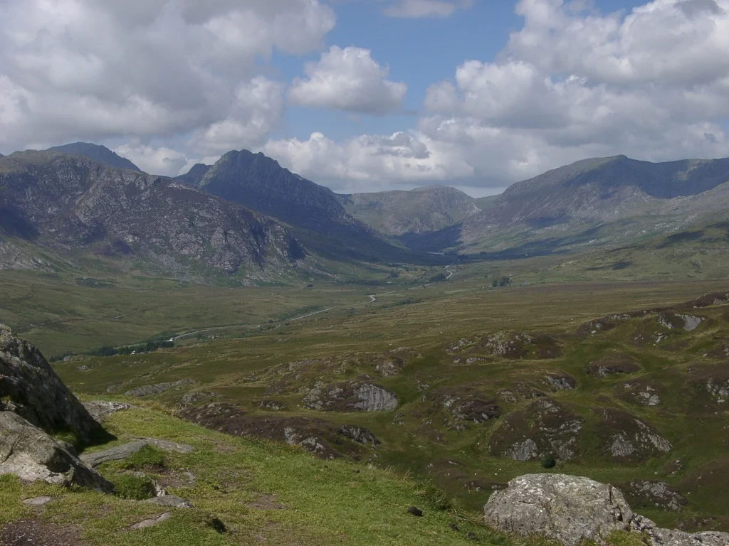View looking down the Ogwen Valley from the Crimpiau.

Photo taken by me, 9.8.08, and released to Public Domain.