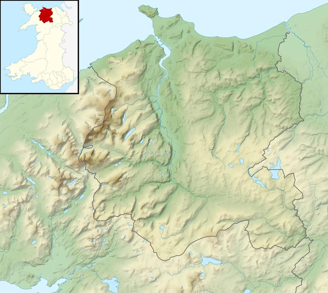 Relief map of Conwy, UK.
Equirectangular map projection on WGS 84 datum, with N/S stretched 165%
Geographic limits:
West: 4.23W
East: 3.40W
North: 53.35N
South: 52.90N