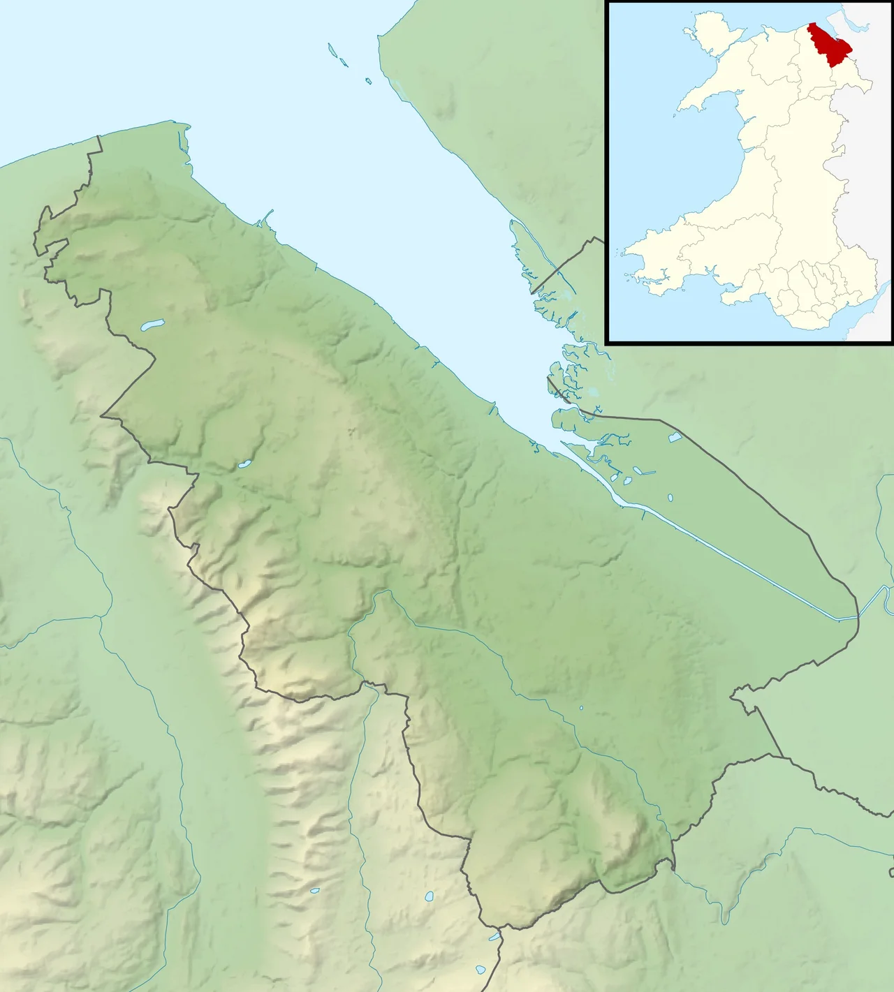 Relief map of Flintshire, UK.
Equirectangular map projection on WGS 84 datum, with N/S stretched 165%
Geographic limits:

West: 3.42W
East: 2.90W
North: 53.40N
South: 53.05N