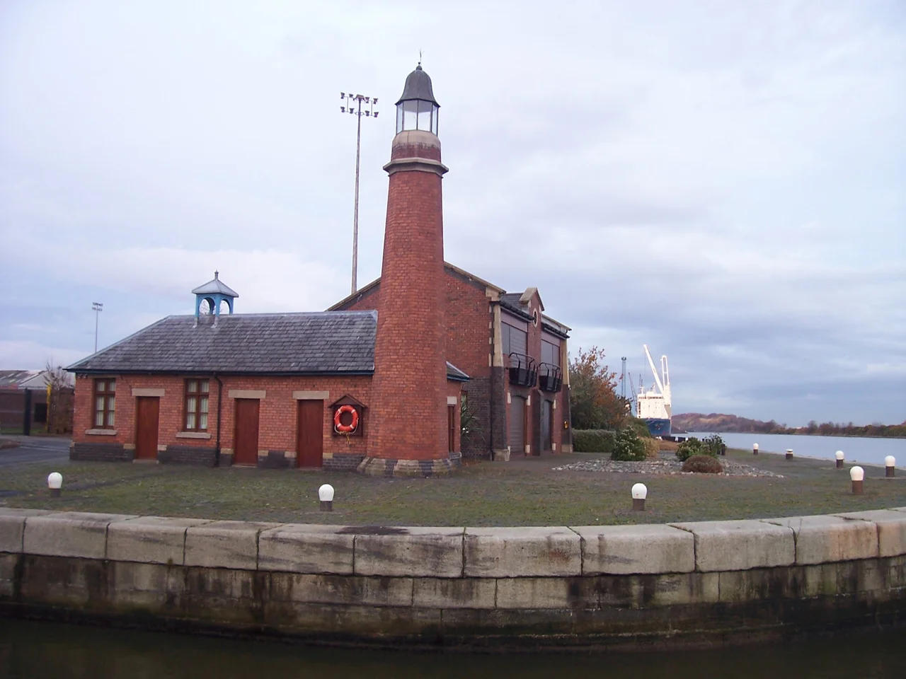 Whitby lighthouse and harbour master's office at Ellesmere Port Dock, Ellesmere Port at the junction of the Ellesmere Canal lower basin and the Manchester Ship Canal.