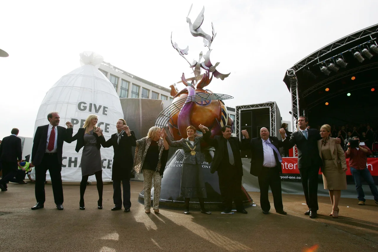 Celebrating the unveiling of the John Lennon Peace Monument in Liverpool on 9th October 2010.