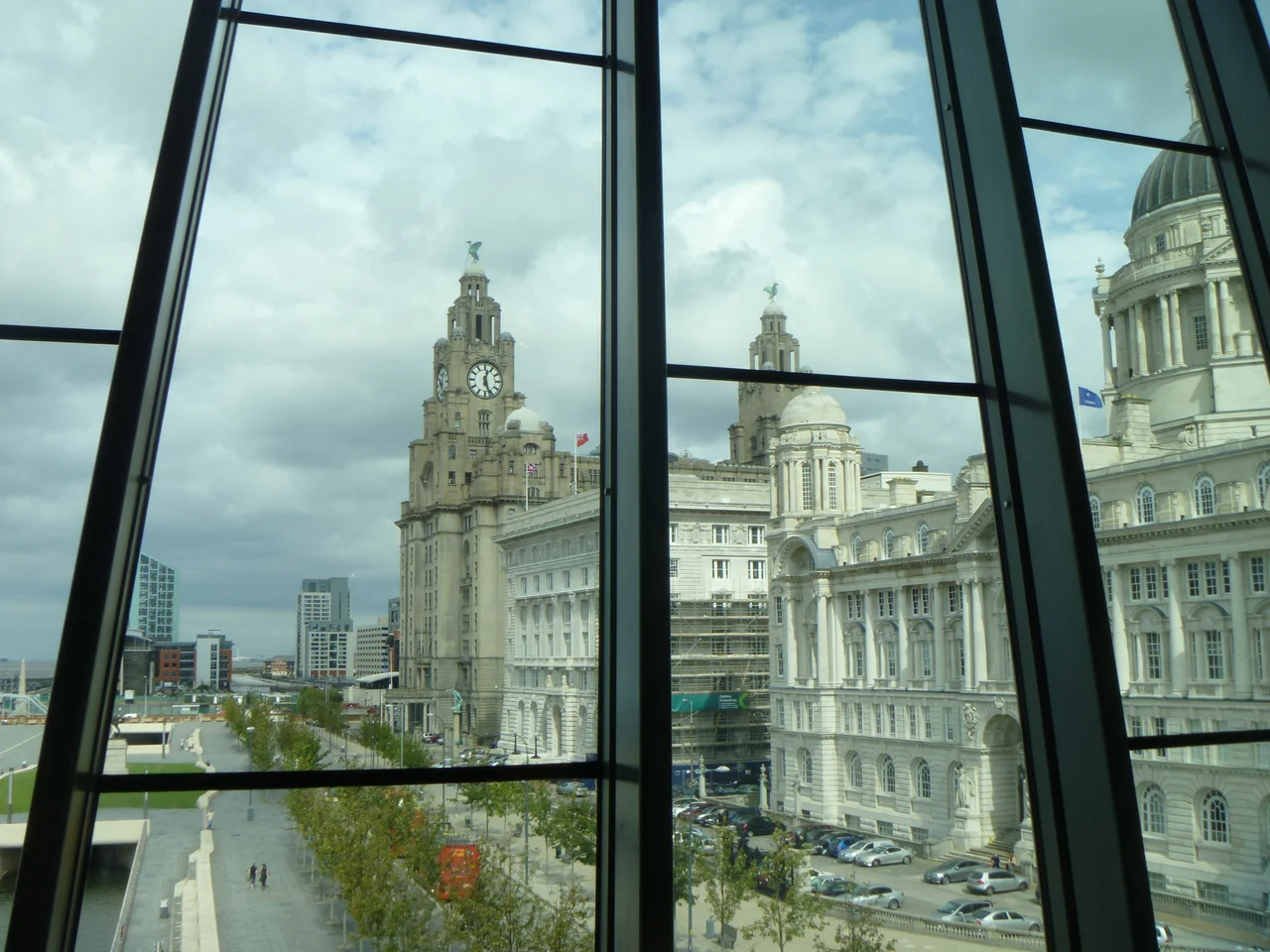 Looking north towards Pier Head from The People's Republic gallery in the Museum of Livepool.