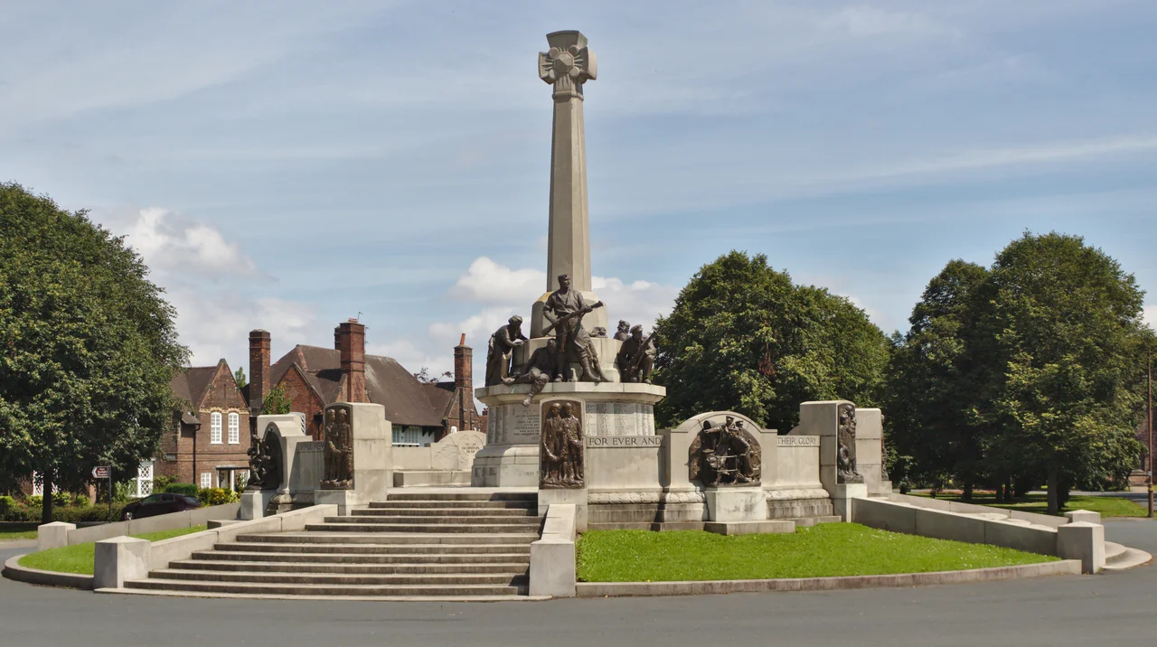 Grade I listed war memorial by W. Goscombe John in Port Sunlight, Wirral, Merseyside.