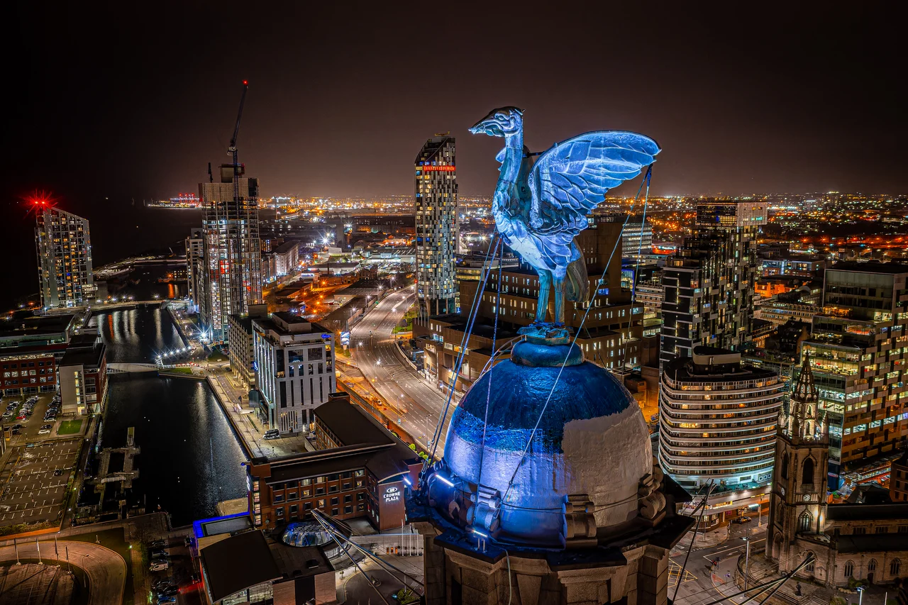 Aerial photo of one of the Liver Birds on the Royal Liver Building, taken in 2020 by Jamie Leeming of Upshot Photos