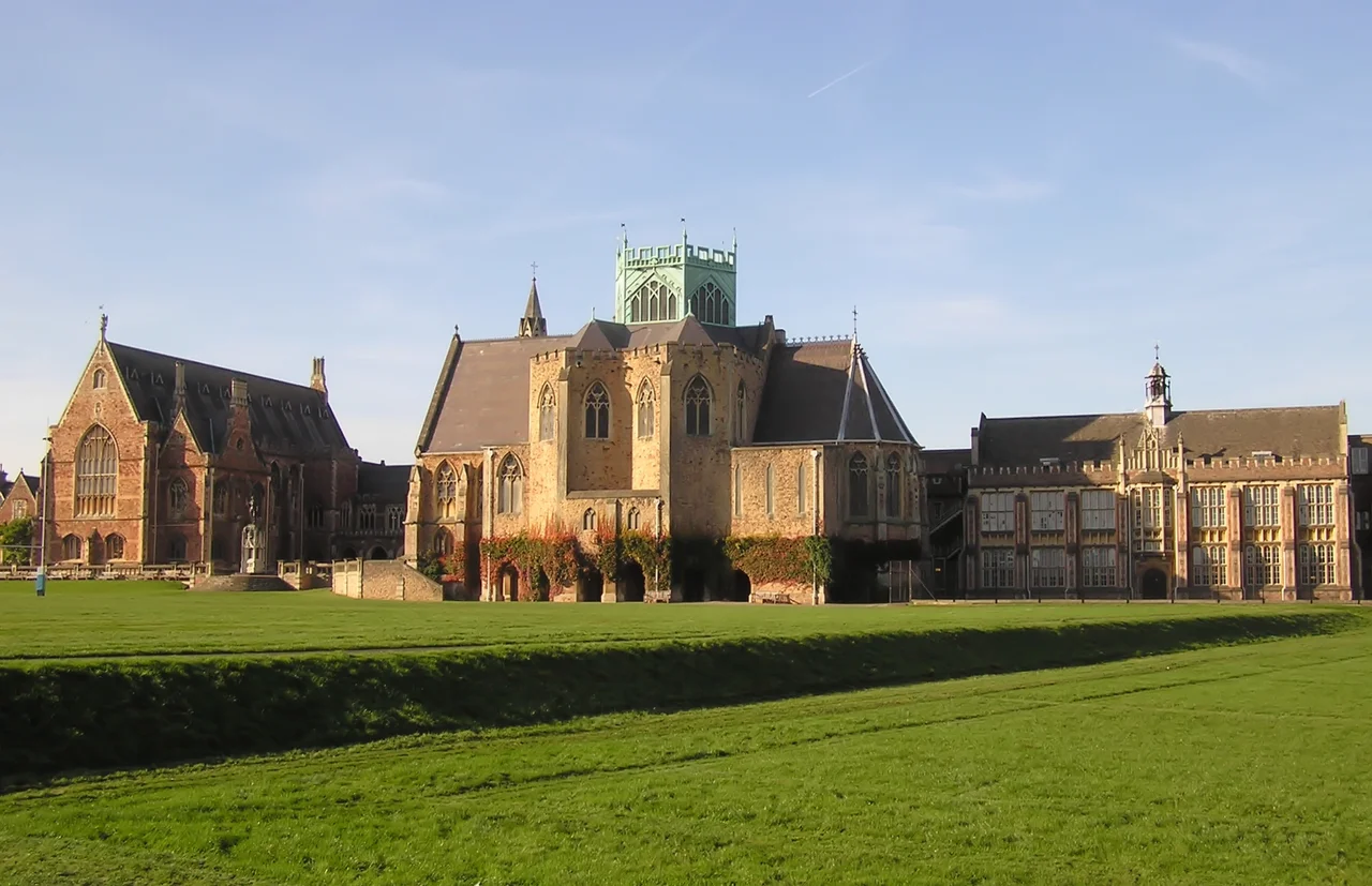 Clifton College Upper School, Bristol, England. Left - the Dining Hall, centre - the Chapel. Seen from the Close.