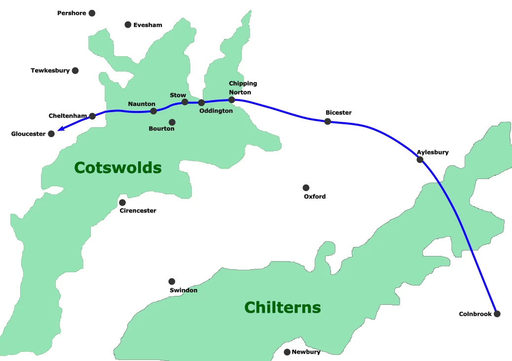 Route taken by Essex to relieve Gloucester in 1643