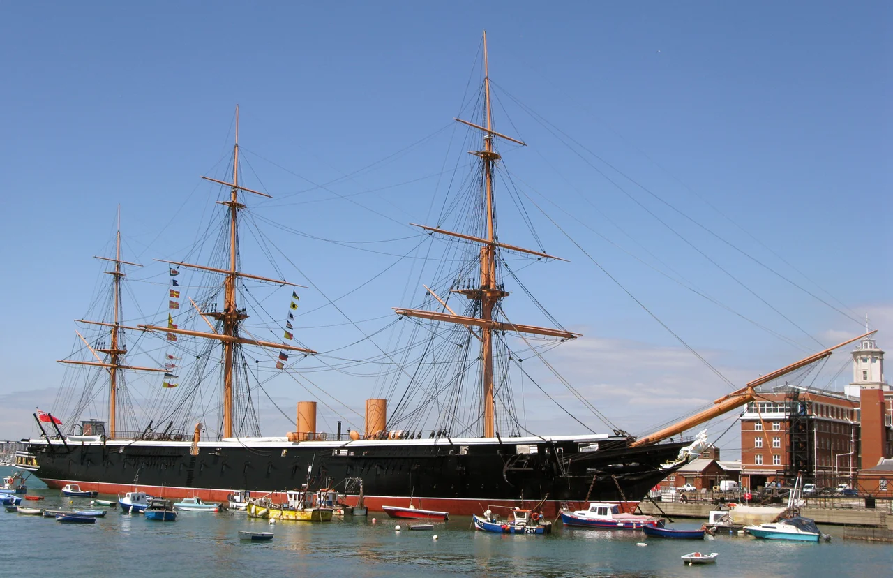 Photo of the ironclad HMS Warrior (1860) with the tide in.