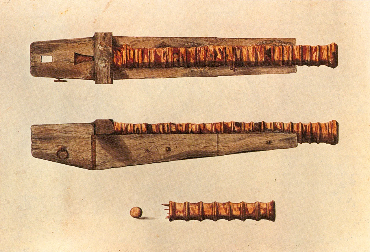 Watercolor painting recording an iron gun with carriage (though the wheels are missing) and part of an iron gun salvaged by John and Charles Deane from the wreck of the Tudor-era warship Mary Rose 1836-40.