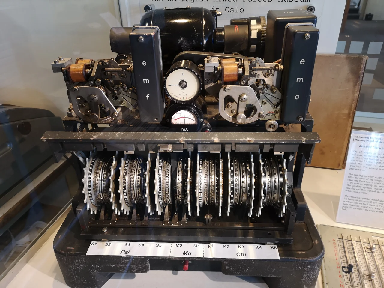 Lorenz SZ42 teleprinter attachment cipher machine. On display in the Tunny Gallery at The National Museum of Computing on Bletchley Park. It is on loan from the Norwegian Armed Services Museum.