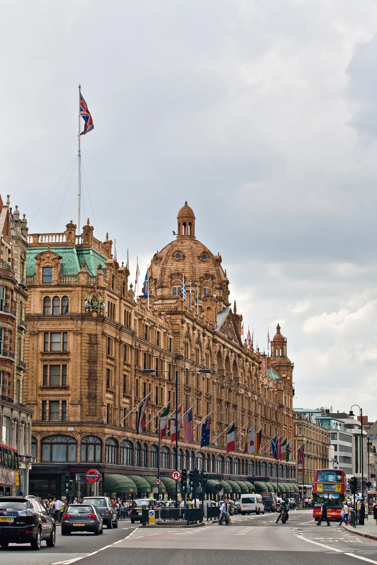 Harrods Department Store as viewed from the north-east along Brompton Road, in London, England.