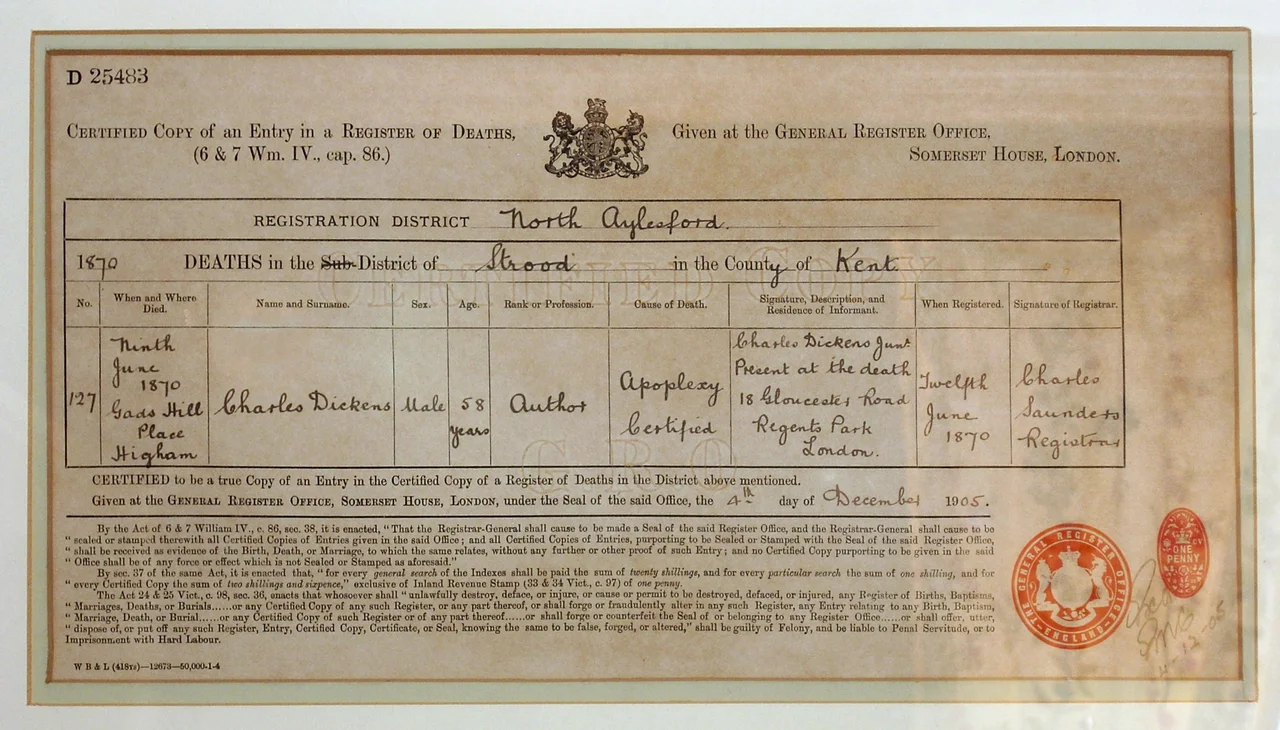 A certified copy of the death certificate of Charles Dickens, on display at the Charles Dickens' Birthplace Museum, Old Commercial Road, Portsmouth, Hampshire, UK.