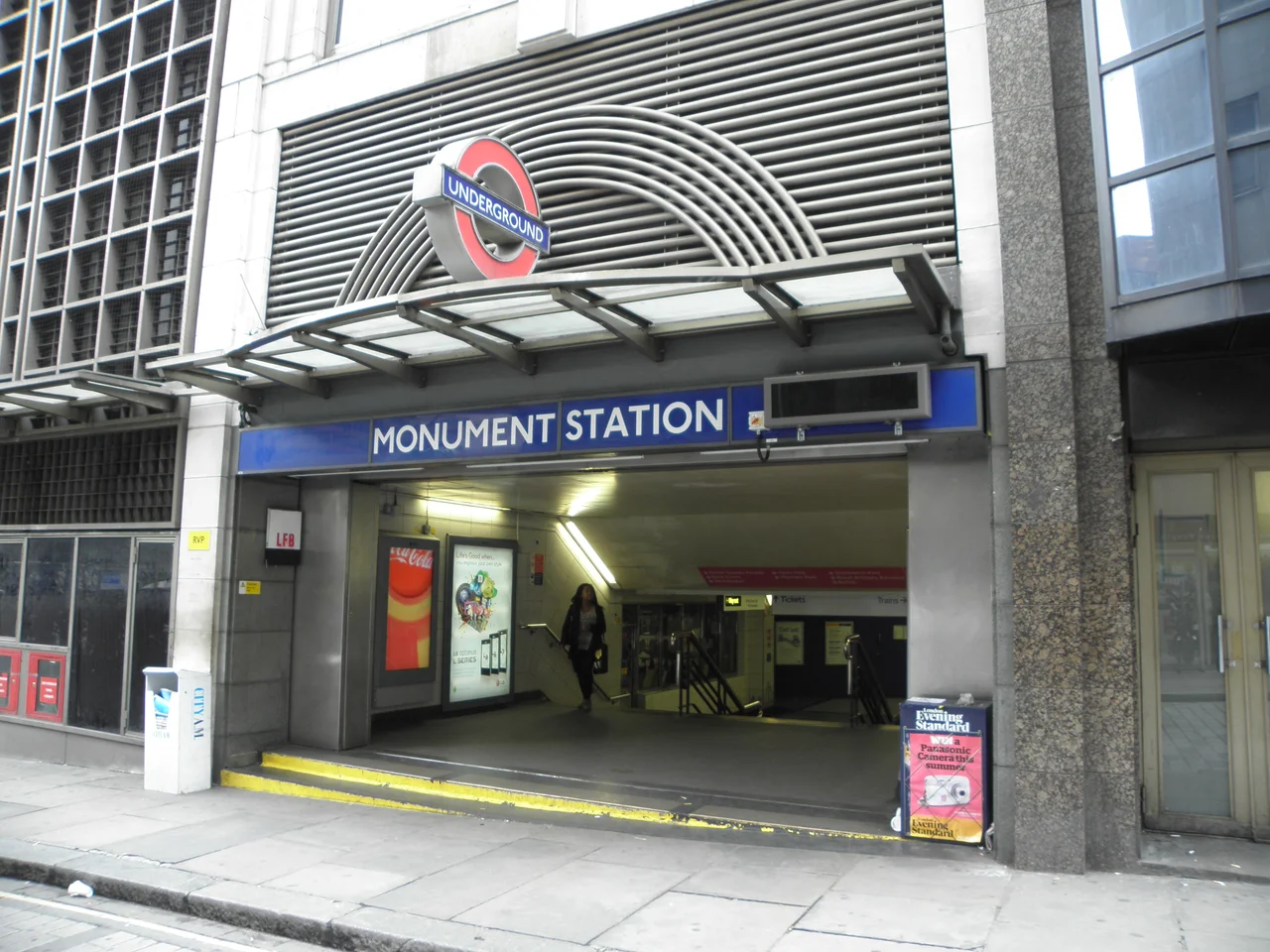 Monument tube station eastern entrance on Fish Street Hill. Monument is that part of the Bank-Monument complex serving the Circle and District lines.