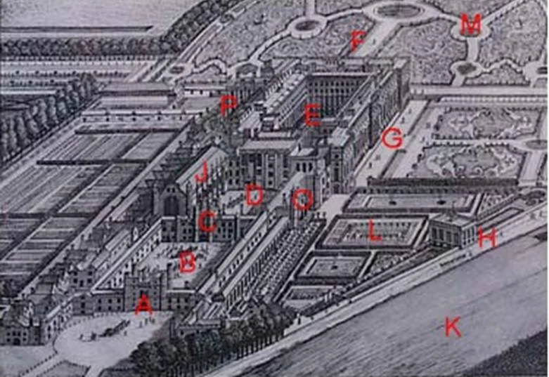 Plan of Hampton Court Palace, Middlesex
A: West Front & Main Entrance
B: Base Court
C: Clock Tower
D: Clock Court
E: Fountain Court
F: East Front
G: South Front
H: Banqueting House
J: Great Hall
K: River Thames
M: East Gardens
O: Cardinal Wolsey's Rooms
P: Chapel.