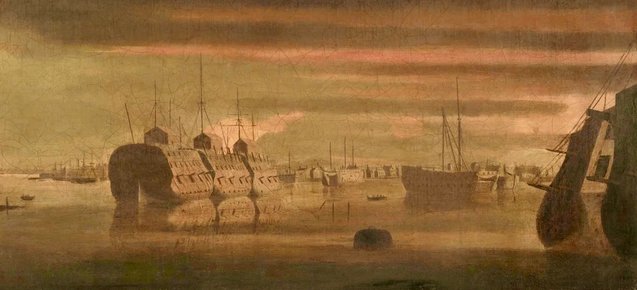Painting of prison hulks and other ships, River Thames, England, circa 1814