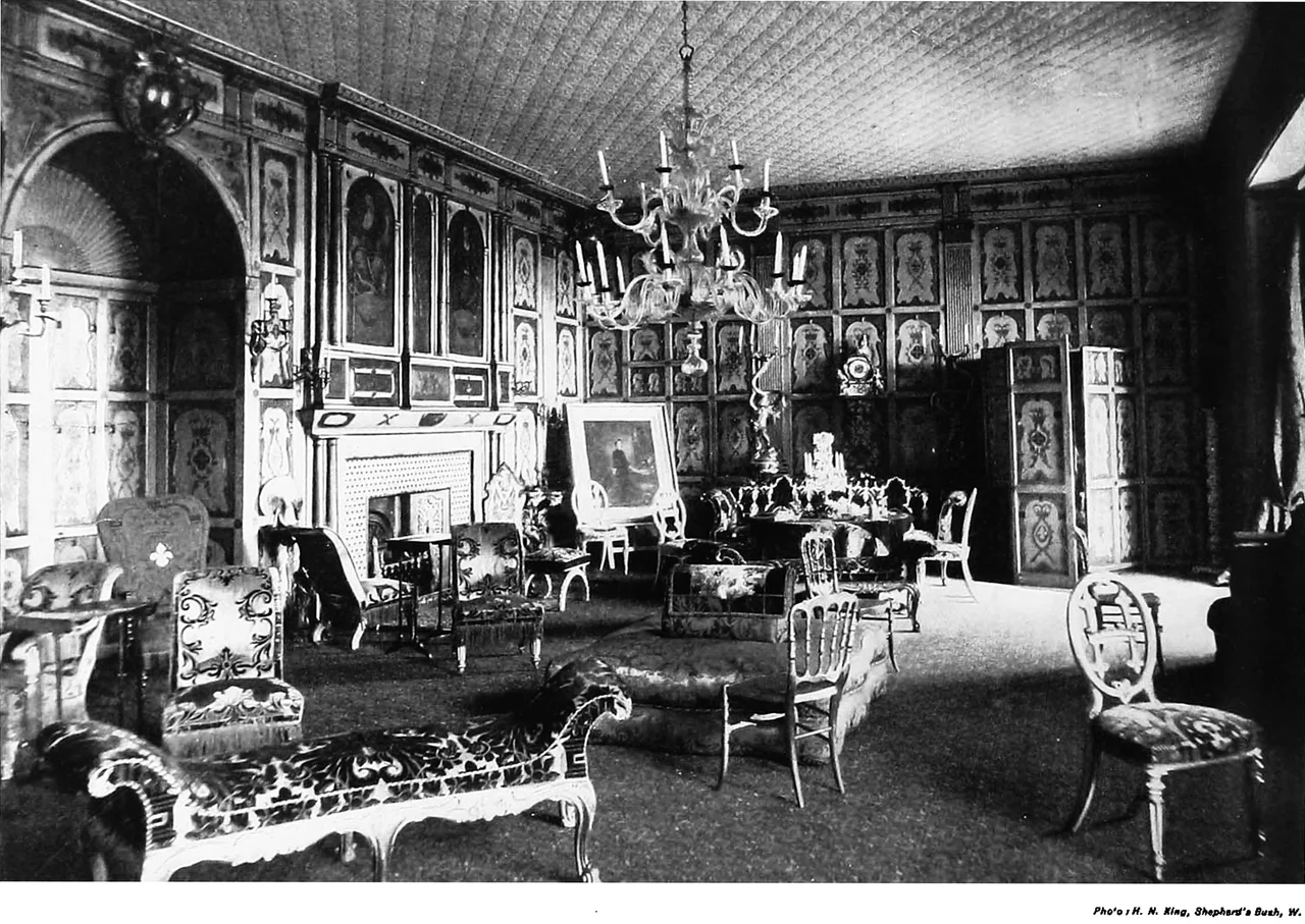 THE GILT ROOM, HOLLAND HOUSE.

The past of Holland House is rich in historical associations. Built by John Thorpe in 1607 for Sir Walter Cope, it passed next into the hands of his son-in-law, the first Earl of Holland, who was executed for treason, and who, tradition says, has haunted this "Gilt Room" ever since, issuing forth "at midnight from behind a secret door," and walking " slowly through tbe scene of former triumphs, with his head in his hand." On his death the mansion was transferred to General Fairfax, and Cromwell and Ireton came hither for their deliberations. After the Restoration it reverted to Lady Holland. The Holland peerage became extinct on tbe death of the third Earl, whose widow Addison married in 1716; but in 1762 it was revived, Henry Fox, father of Charles James Fox. being created Baron Holland. Under the third baron. Holland House became famous as a rendezvous of Whig politicians and literary celebrities. It belongs now to Lord Ilchester.