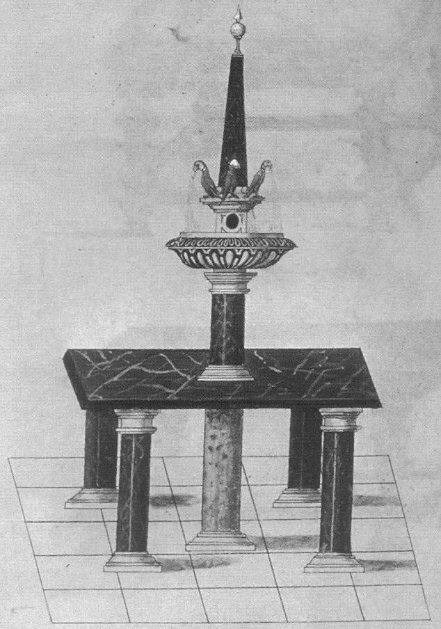 The Table Fountain, Nonsuch, set against the south front of the palace, between the south-west tower and the central bay, facing into the Privy Garden. Pen with grey and black wash, veined black and dark red marbling, and gold leaf (I590), artist unknown; from The Red Velvet Book, f.32v.