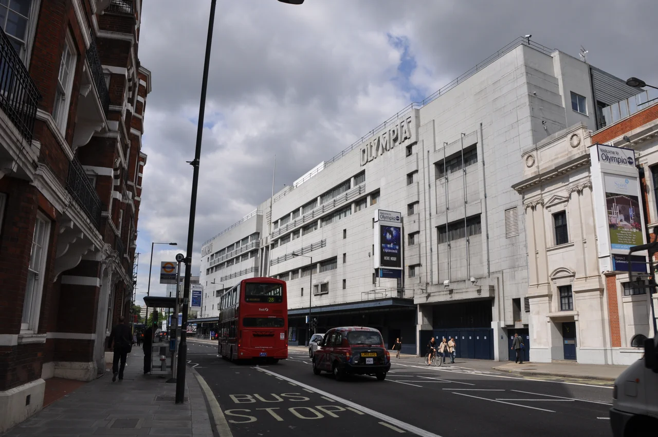 Kensington Olympia exhibition centre, viewed from the adjacent London Underground and mainline railway station.