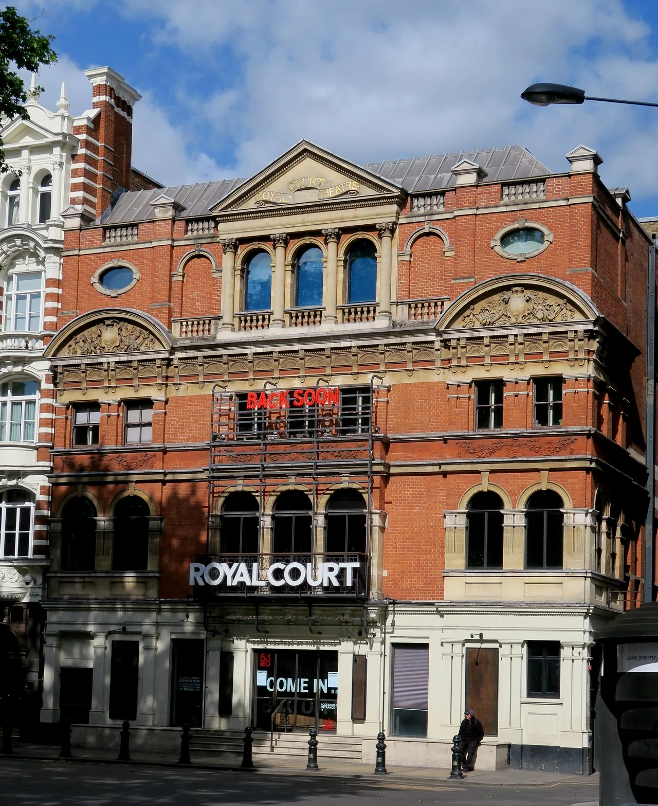 Royal Court theater, Sloane Square Chelsea London UK (2) Lockdown COVID 19. BACK SOON message.