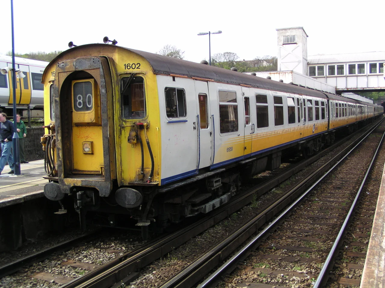 BR Class 411, no. 1602, at Dover Priory. This unit, which was operated by Connex South Eastern, was the only Class 411 unit to be painted into Connex livery, after it was damaged in a collision near London Bridge station in 1999, and was repainted after being repaired at Eastleigh Works. Following withdrawal in 2004 this unit was scrapped.