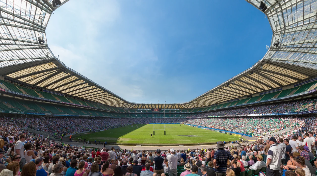 A panoramic stitched image of Twickenham Stadium, comprised of six segments (2x3).