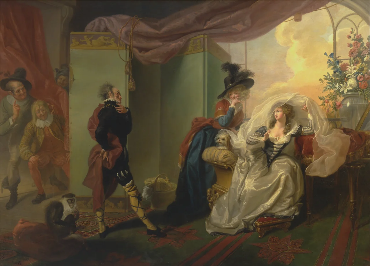 humor, "Shakespeare, William (1564–1616), playwright and poet", "Twelfth Night; or, What You Will", Malvolio, Maria, Olivia (character in Twelfth Night), romance, light, interior, servant, actors, men, woman, theater (discipline), window, flowers (plants), screen, rug, curtains, costume, vase, basket, genre subject, love letters, love