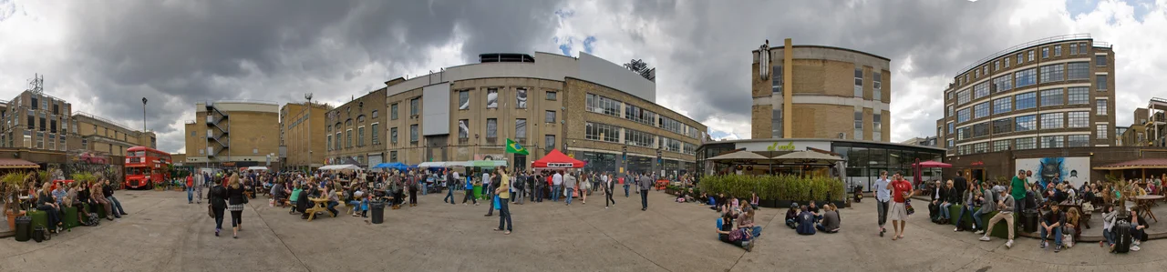 The rear courtyard area of the Sunday UpMarket, just off Brick Lane in East London, England. Taken as a 11 segment 360 degree panoramic view with a Canon 5D and 24-105mm f/4L IS lens.