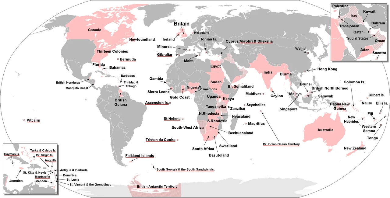 Areas of the world that were part of the British Empire with current British Overseas Territories underlined in red. Mandates and protected states are shown in a lighter shade.