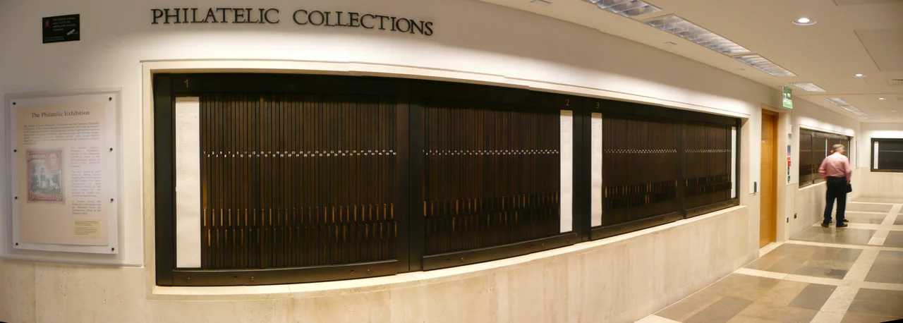 Philatelic collections, British National Library, London. Panels that you can slide out of the wall and look at stamp collection. Closed on Saturdays.