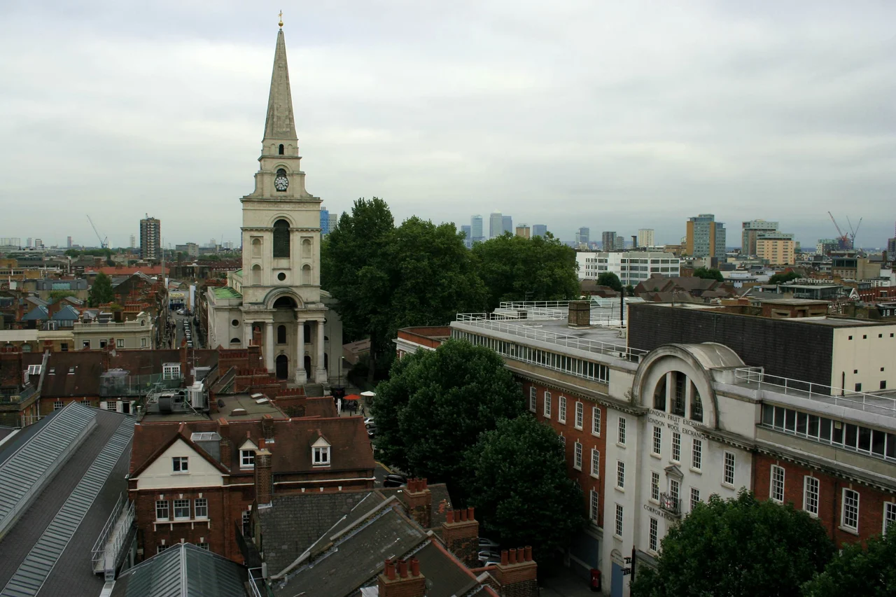 View of Christ Church and the fruit and wool exchange from the sixth-floor terrace of One Bishops Square in September 2013.