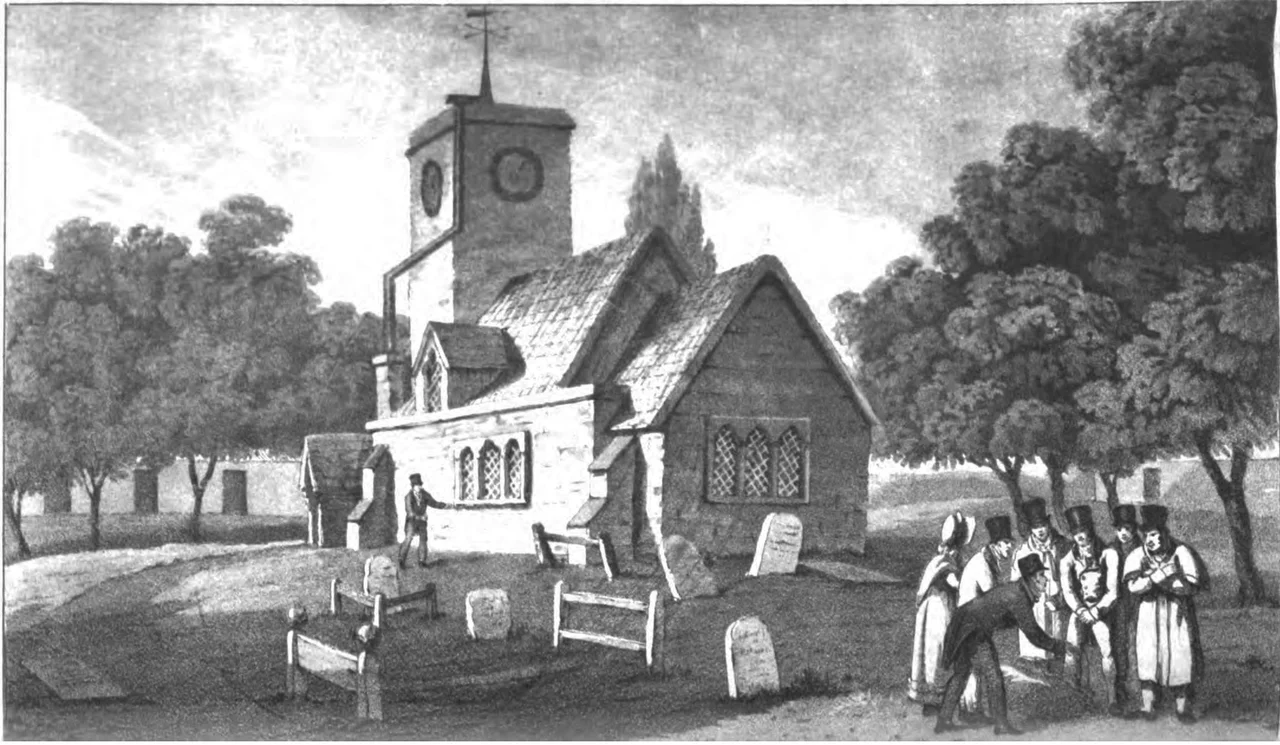 The burial of William Weare, victim of the Elstree Murder, at St Nicholas' parish church, Elstree, Hetfordshire
