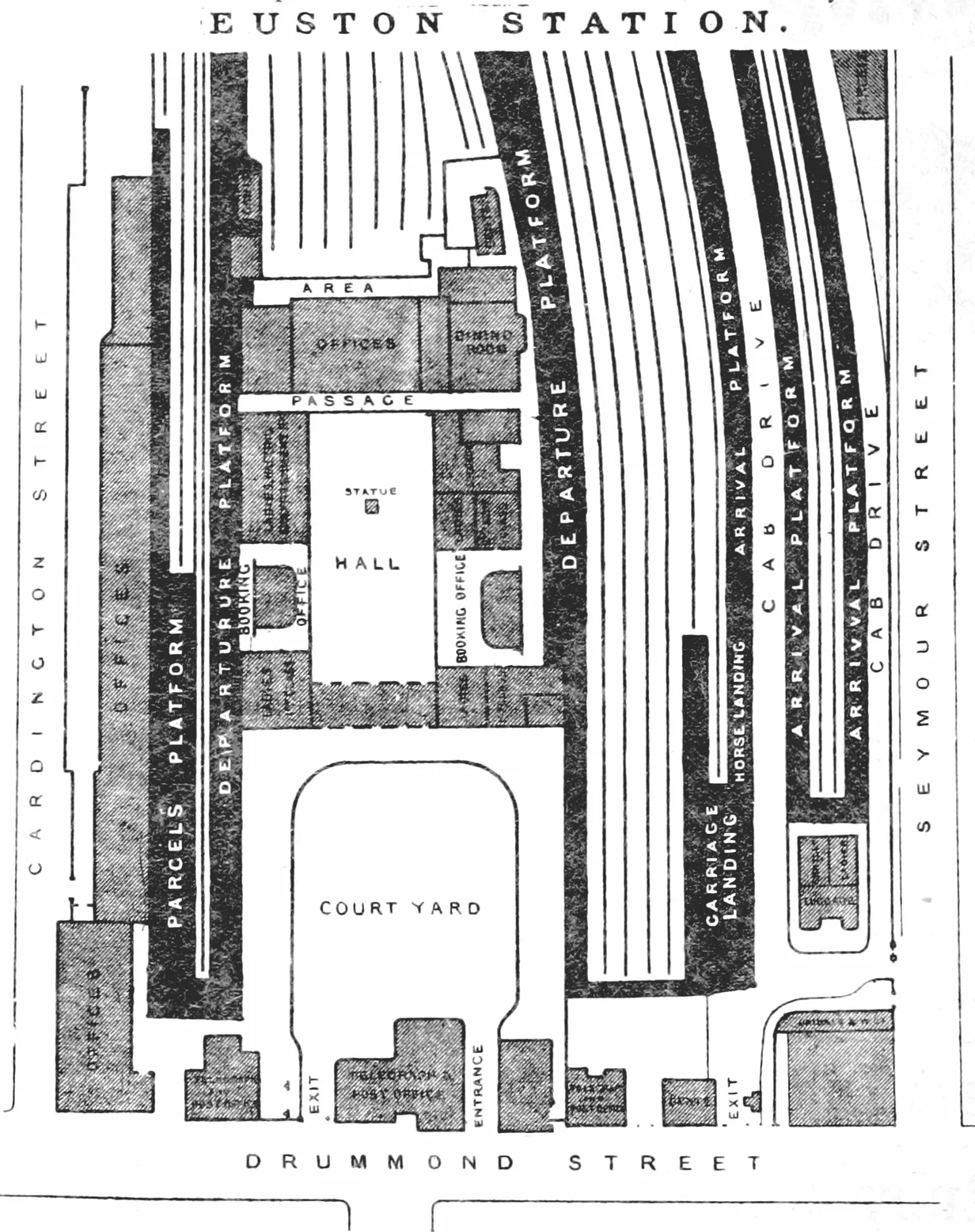 Plan of Euston railway station as it was in 1888.
The earliest part of the station (dating to its opening in 1837) are the four tracks to the east (right) of the Departures platform to the right of the hall, and the famous Doric arch, located over what is marked in the plan as the Entrance to the courtyard.
The Great Hall and western departure platform were added in 1849, and the further arrivals platforms in the 1870s.
Additional platforms were created in the 1890s with a major expansion to the west (left) of the station, and by filling in one of the carriage sidings on the arrivals side of the station to create a further two platform faces. 

The plan can be compared with a plan of Euston in 1938, and an aerial view from 1936.  (Both copyright-expired in the UK (unknown creator: publication+70), but still copyright in the United States until the 2030s (URAA restoration, corporate work: publication + 95), so not uploadable to Wikipedia). Different phases of the station's evolution are marked by different types of roof-line.
A detailed history is given in the Survey of London coverage (1949), vol. 21, pp 107–114